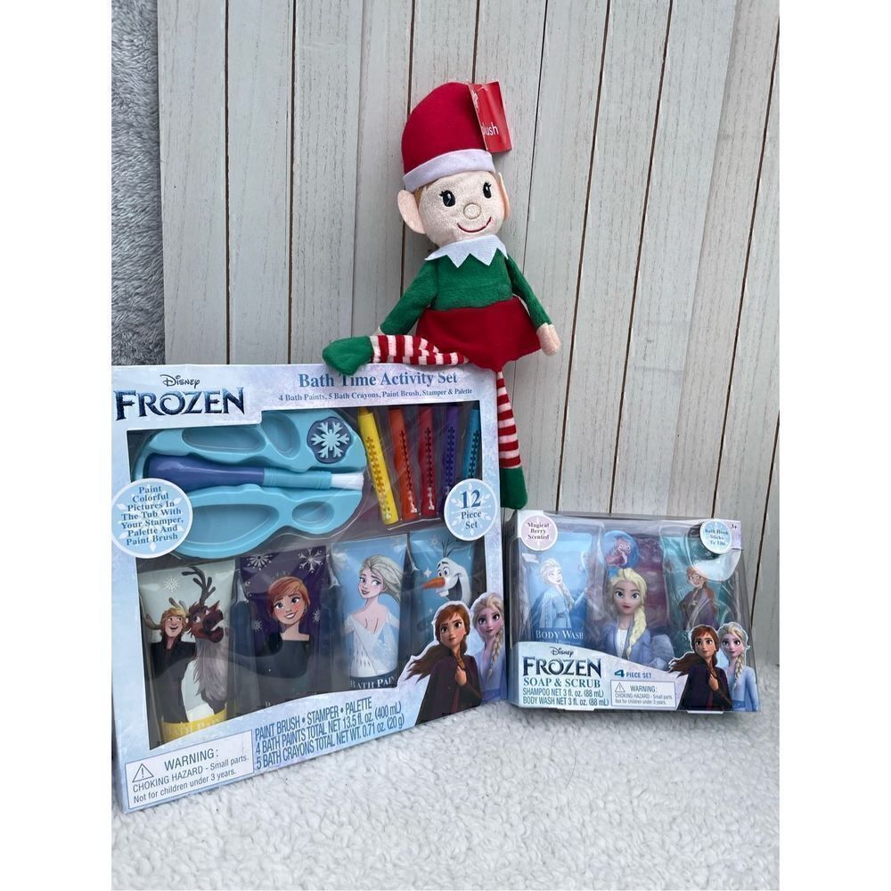 Disney Frozen Bath Time Activity Set And Soap Scrub Set w/ Elf Plushie